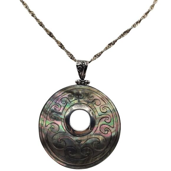 Sterling Silver Carved Shell Pendant Necklace Earrings 925 Abalone MOP Vintage - Picture 10 of 10